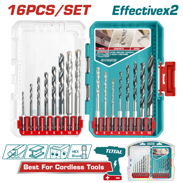 Juego de Mechas Total 16 Piezas para Metal, Concreto y Madera TACSDL11608