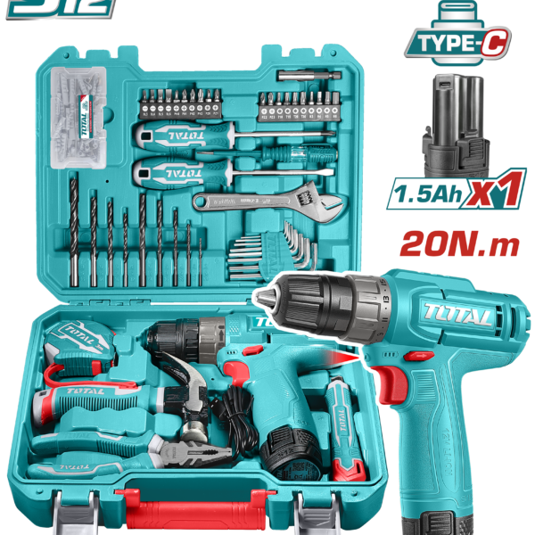 Kit Taladro Atornillador a Batería Total 12 V con 129 Piezas THKTHP11292